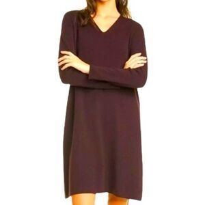 Eileen Fisher Women S Brown 100% Merino Wool Long Sleeve V-Neck Sweater Dress